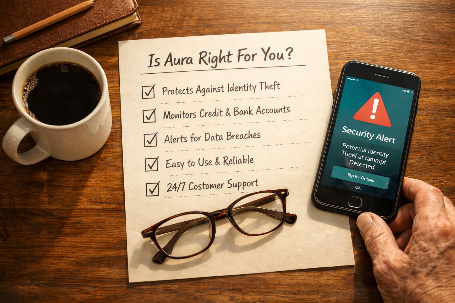 Detailed () editorial concept image showing a bird's-eye view of a wooden desk with a printed checklist titled 'Is Aura