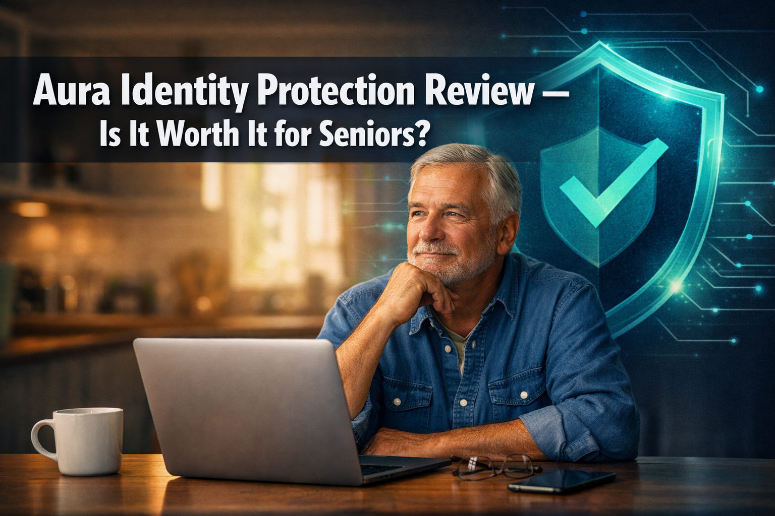 Professional () hero image with : 'Aura Identity Protection Review — Is It Worth It for Seniors?' in extra large white with