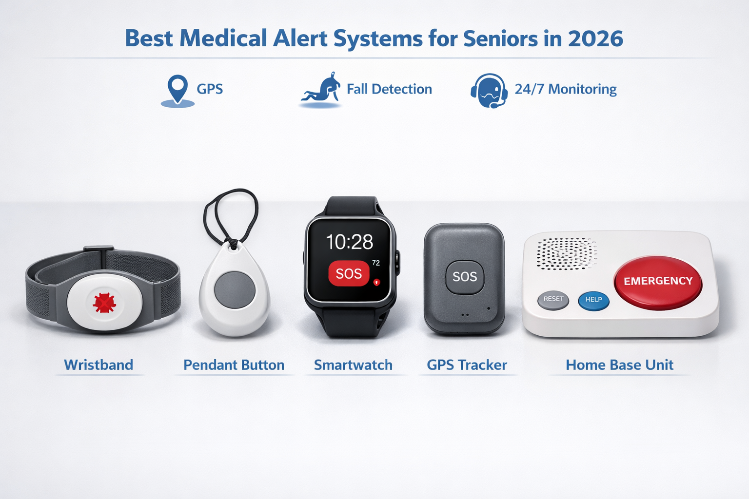 () editorial illustration showing a side-by-side comparison panel of five medical alert devices — wristband, pendant button,