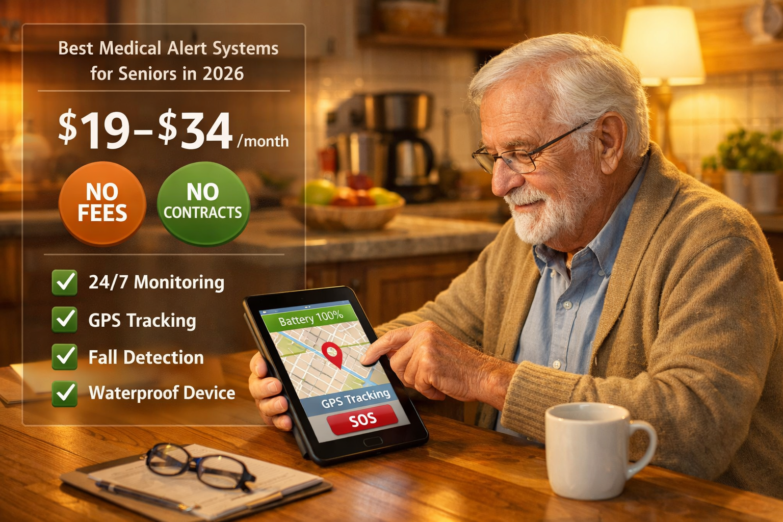 () illustrative scene showing an elderly man sitting comfortably at a kitchen table reviewing a simple pricing chart on a