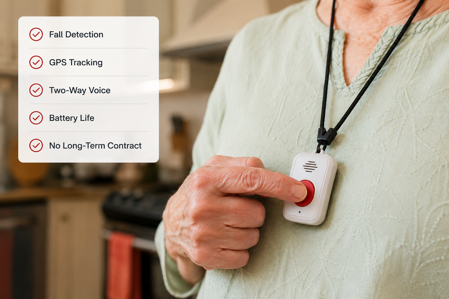 Detailed () close-up editorial photo of an older adult's hand pressing a red emergency button on a medical alert pendant