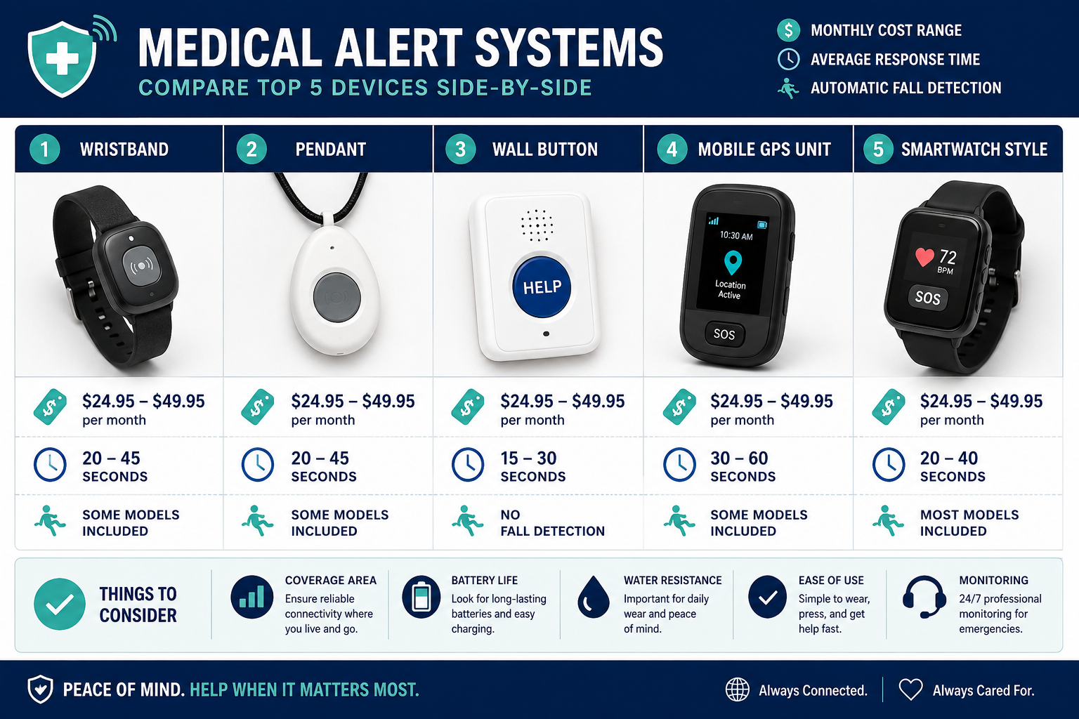 Detailed () infographic-style illustration showing a side-by-side comparison table of five medical alert system devices —