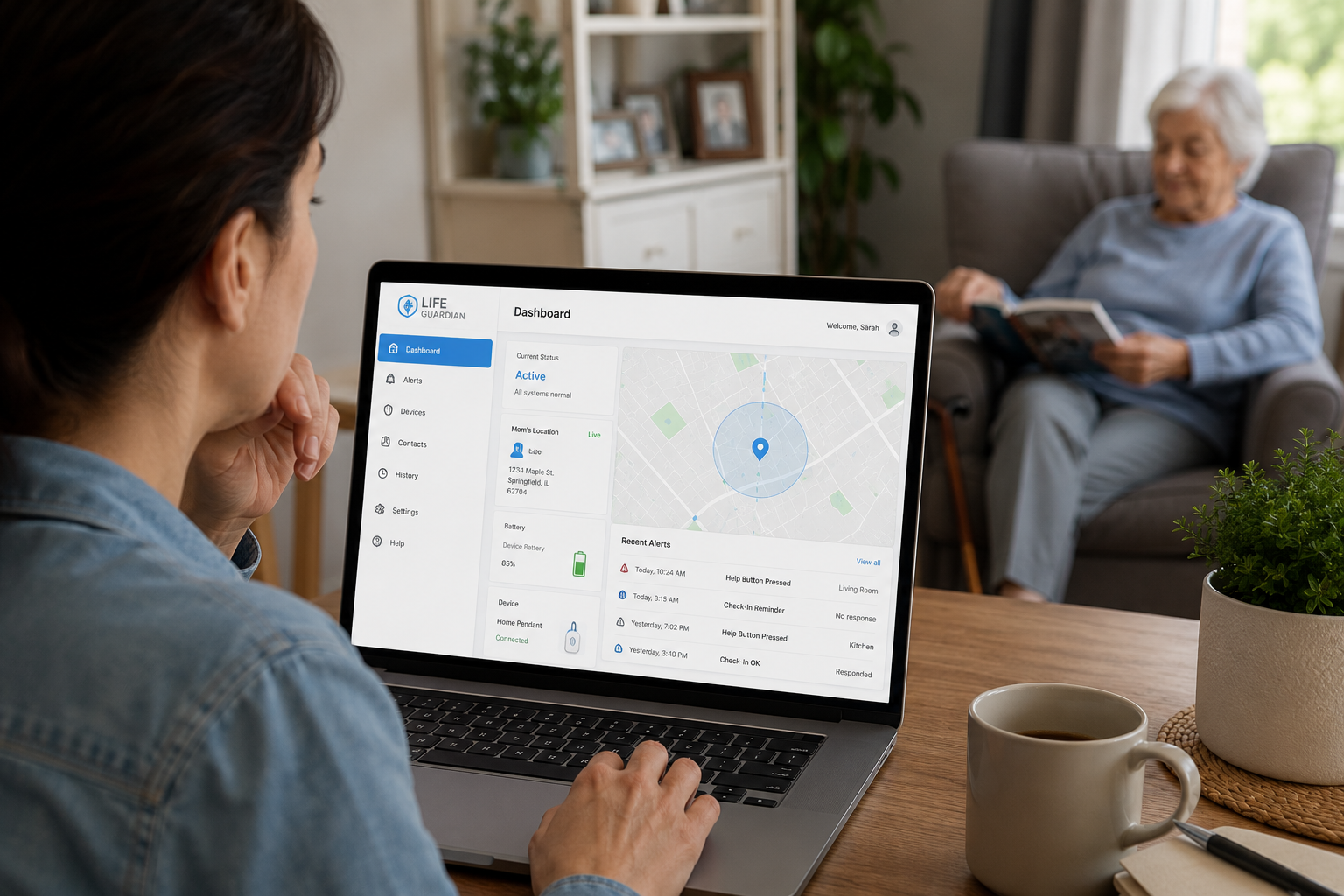 Detailed () wide-angle editorial scene showing a caregiver adult child sitting at a laptop reviewing a medical alert system