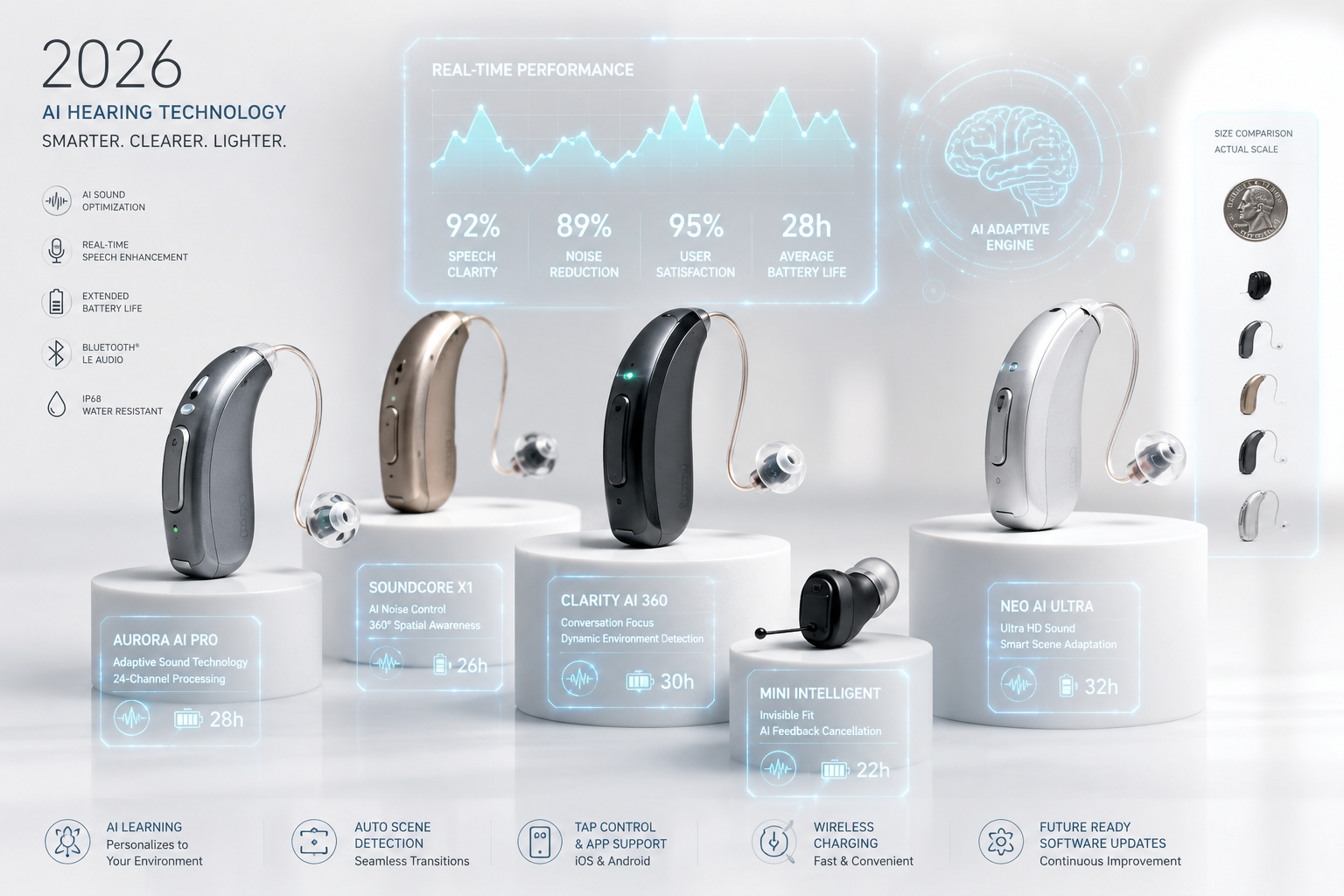 Product showcase featuring top AI hearing aid models for 2026. Dramatic product photography arrangement with 4-5