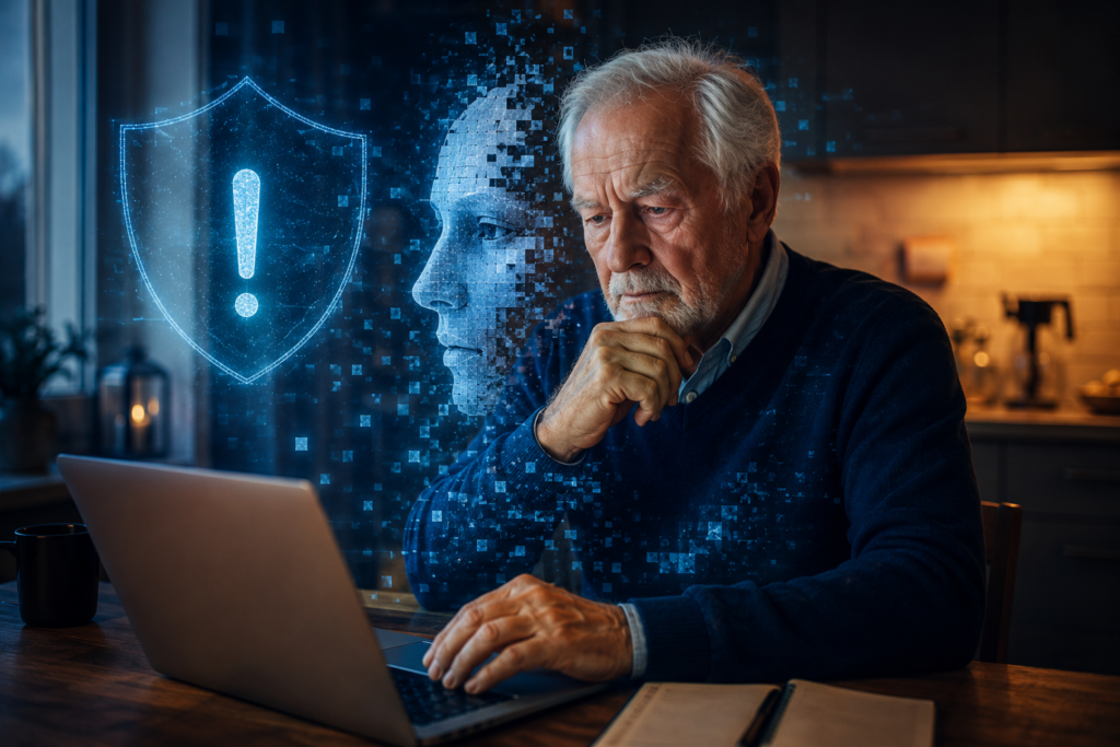 Professional () editorial hero image showing a silver-haired senior man in his 70s sitting at a kitchen table with a laptop,
