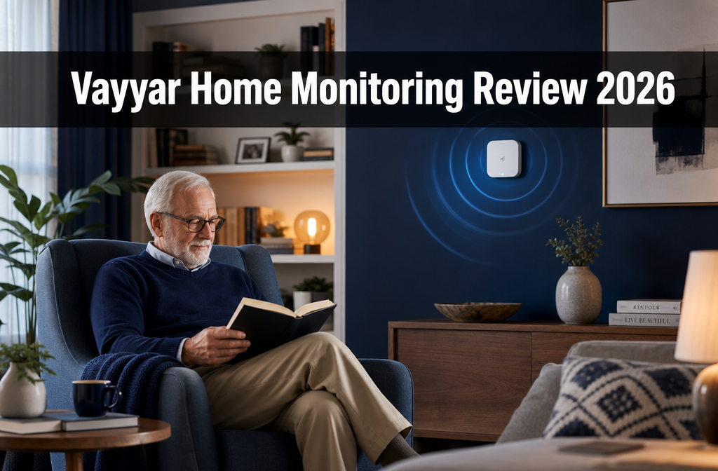 Professional () hero image with : 'Vayyar Home Monitoring Review 2026' in extra large white with dark semi-transparent
