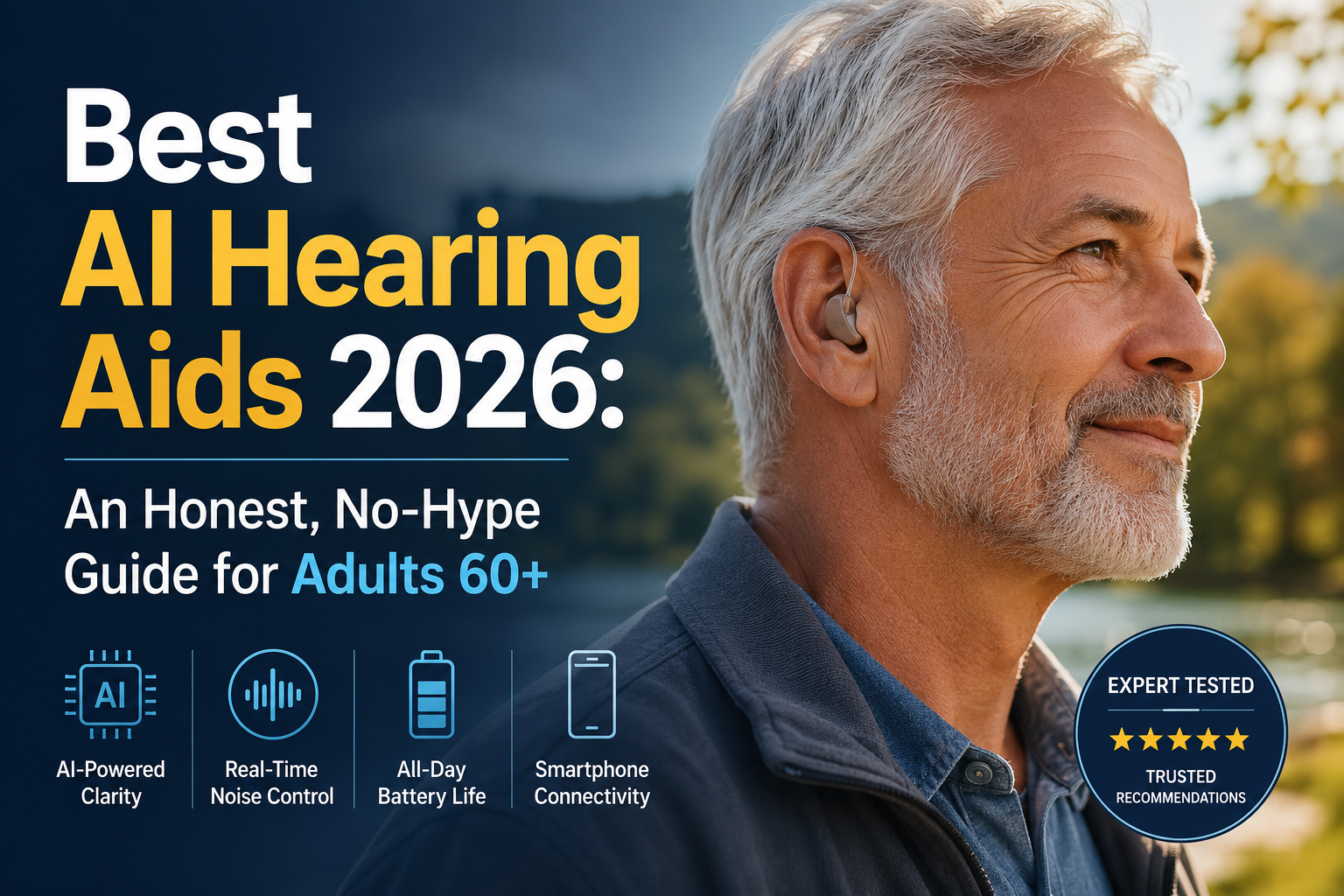 Professional landscape hero image () with : "Best AI Hearing Aids 2026: An Honest, No-Hype Guide for Adults 60+". Modern