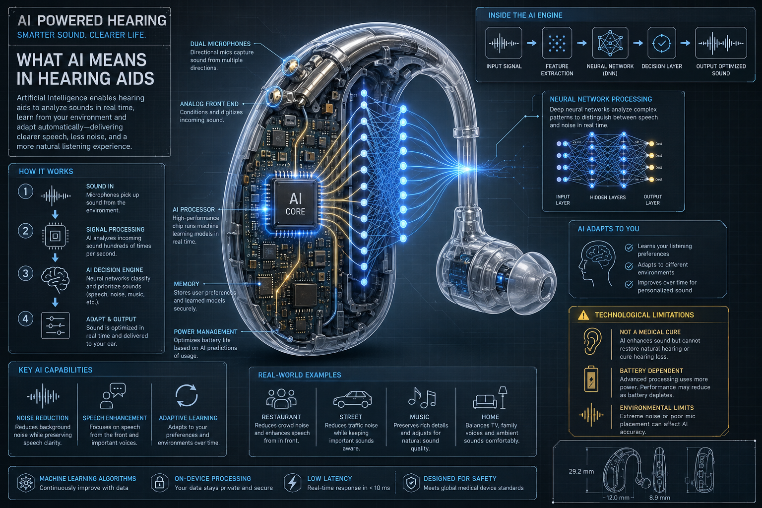 Technical illustration explaining 'What AI Means in Hearing Aids' with cross-sectional diagram revealing internal neural