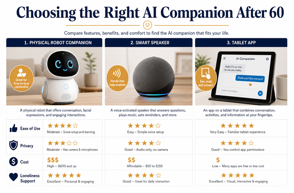 () comparison-style editorial infographic showing three AI companion options side by side — a physical robot device, a smart