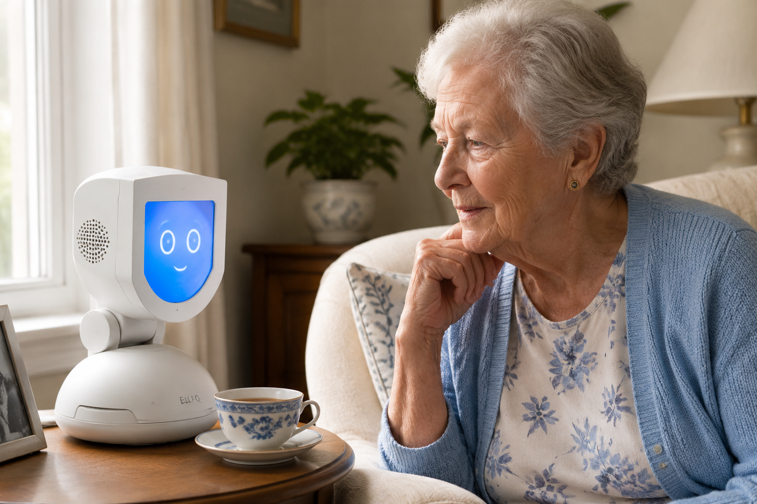 () editorial illustration showing a close-up of the ElliQ robotic companion device — a white angular tabletop unit with a