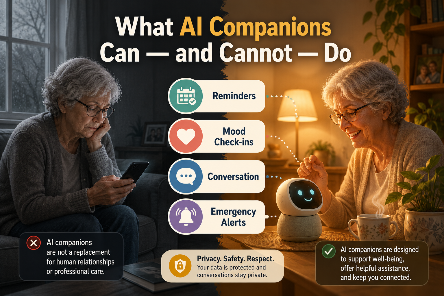 () editorial illustration showing a split-scene concept: left side depicts an older adult sitting alone looking at a phone
