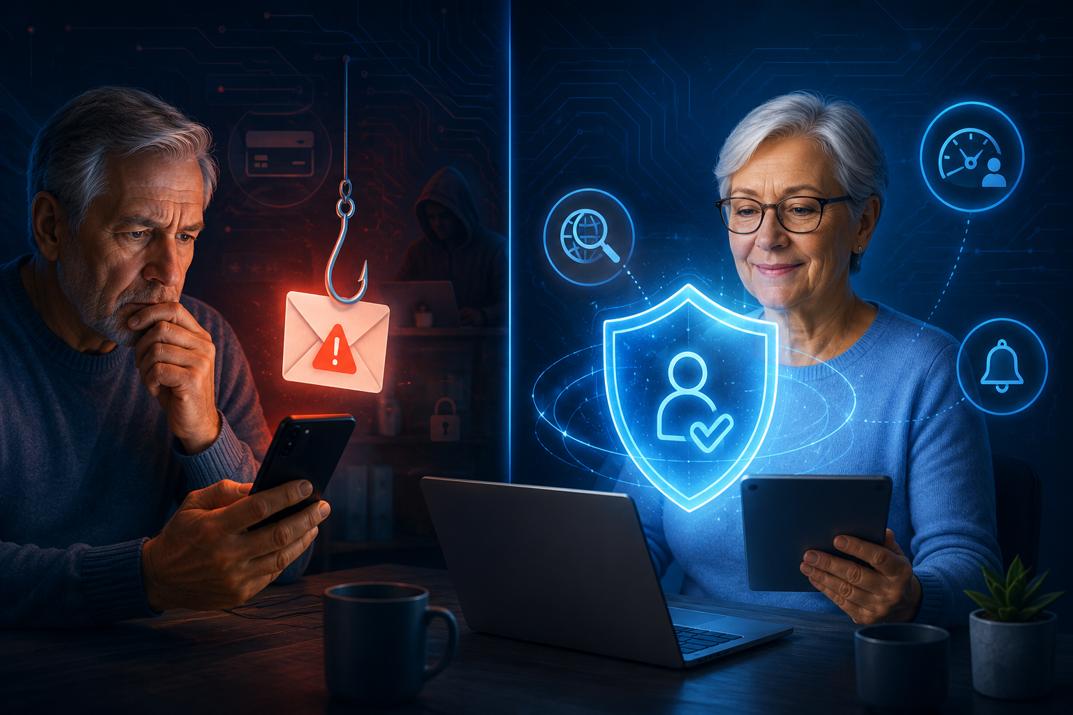 () editorial illustration showing a split-screen comparison: left side displays a worried older adult receiving a phishing