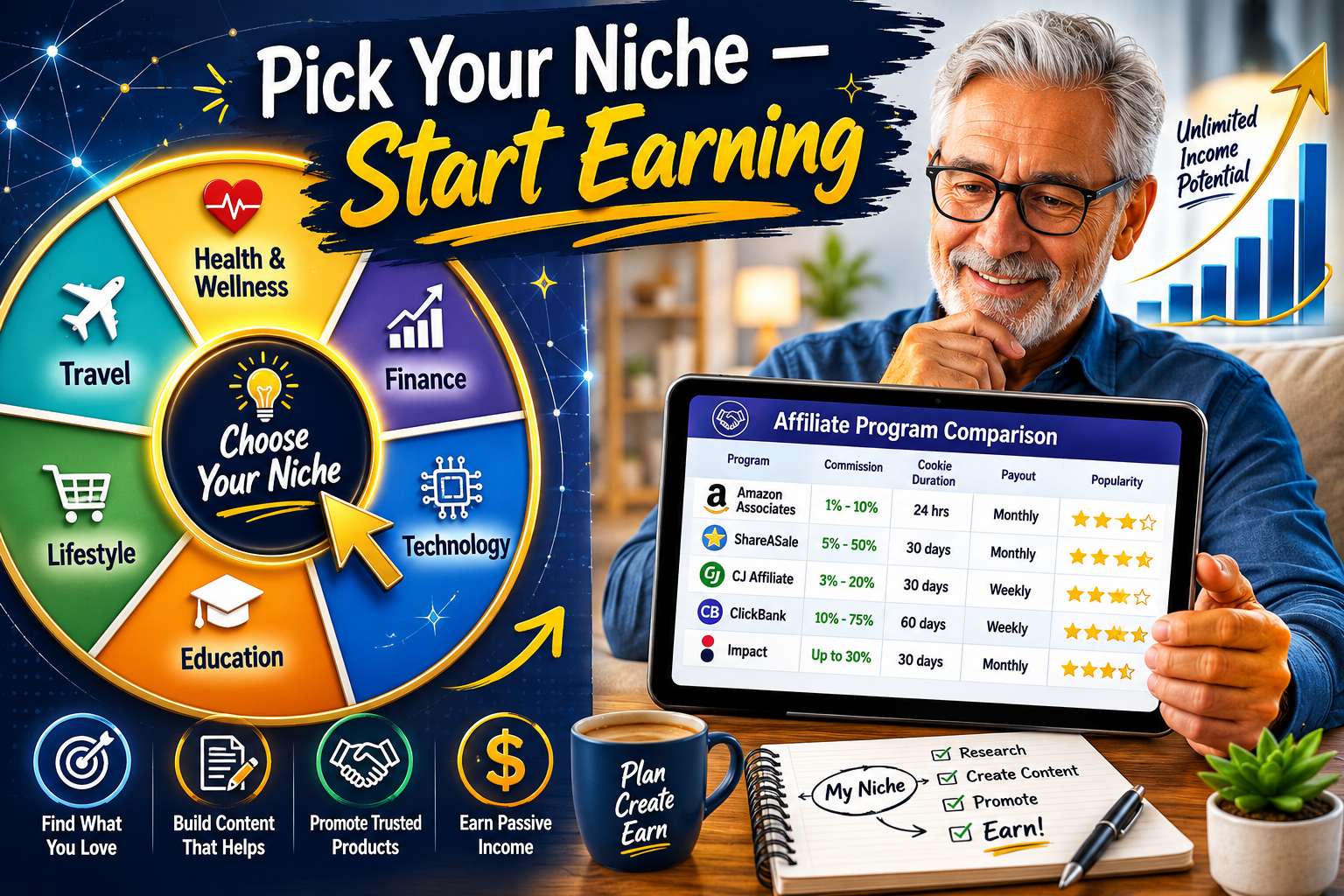 () editorial illustration showing a split-screen concept: left side displays a niche topic selection wheel with categories