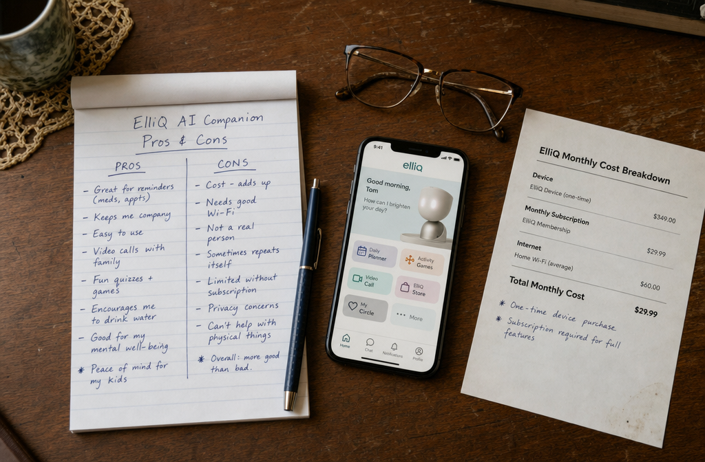 () overhead flat-lay shot of a senior adult's desk showing a notepad with handwritten pros and cons list about ElliQ AI