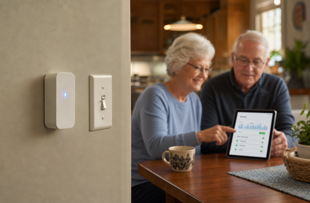 () realistic editorial photo-style image showing a close-up of a small rectangular wall-mounted sensor device on a beige
