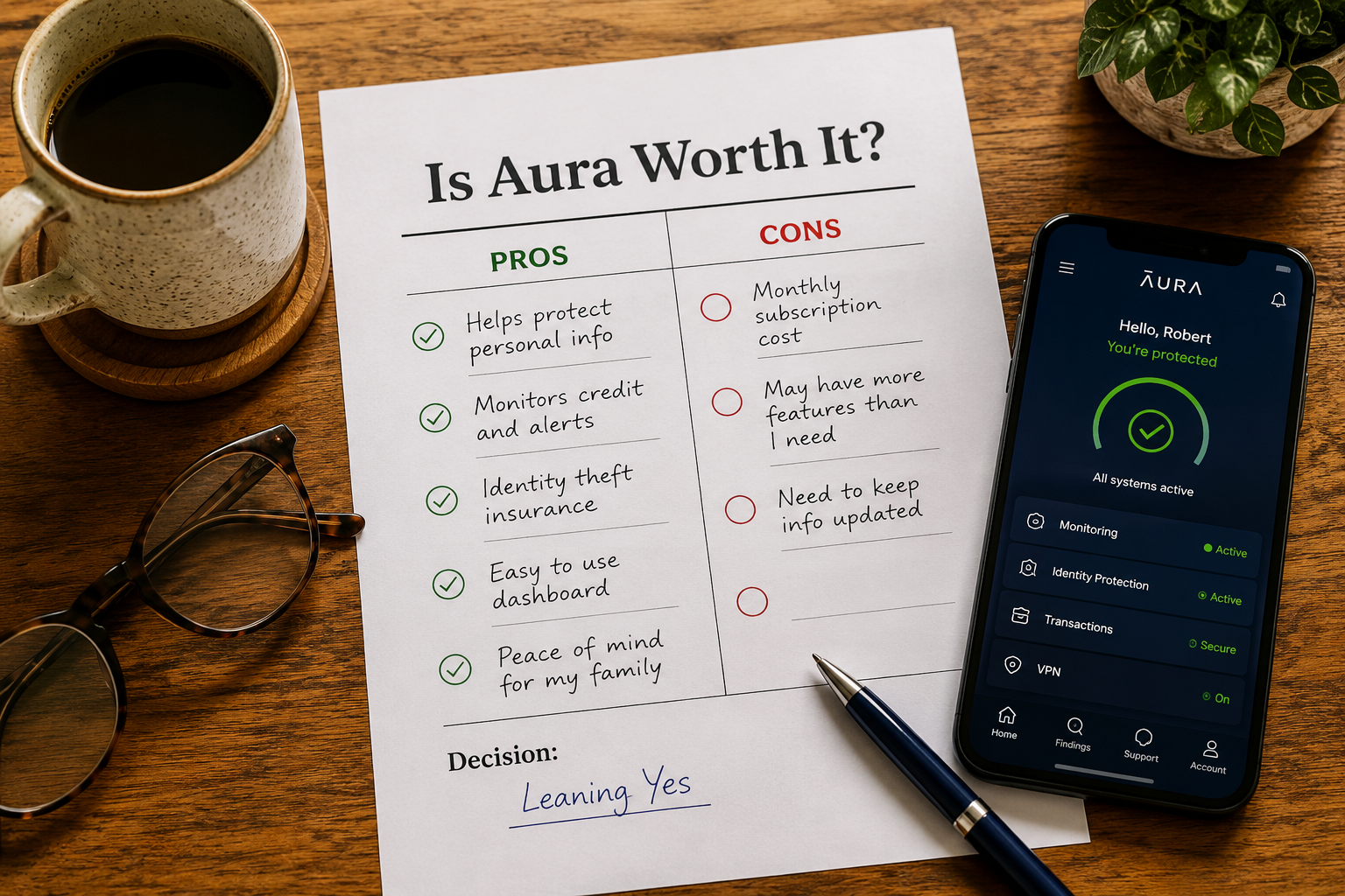 () showing a close-up overhead flat-lay of a wooden desk with a printed pros-and-cons checklist titled 'Is Aura Worth It?'