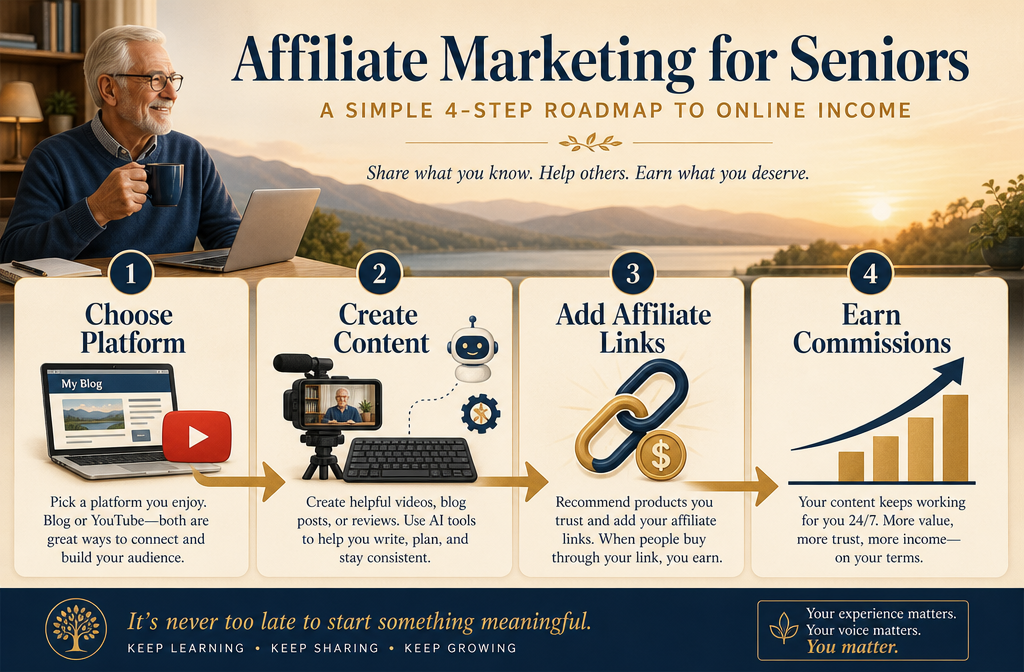 () step-by-step visual roadmap infographic showing four distinct stages of affiliate marketing for seniors: Stage 1 — Choose