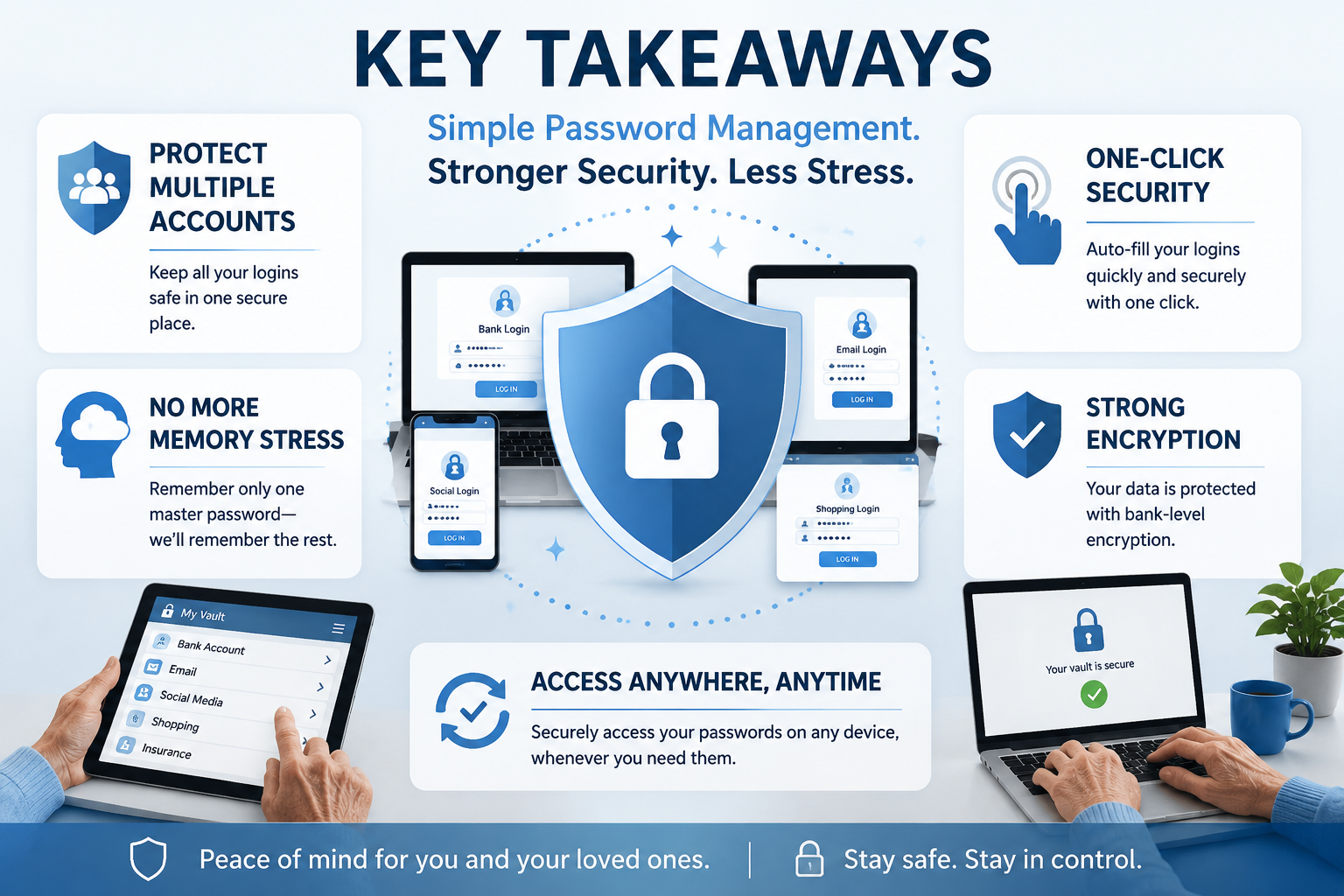 Key Takeaways infographic for senior password management, . Central visual shows a simplified shield icon protecting
