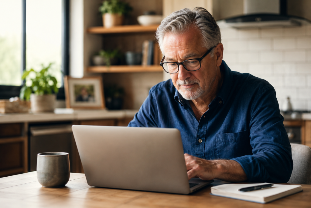 Adult over 50 working calmly on a laptop at a kitchen table.