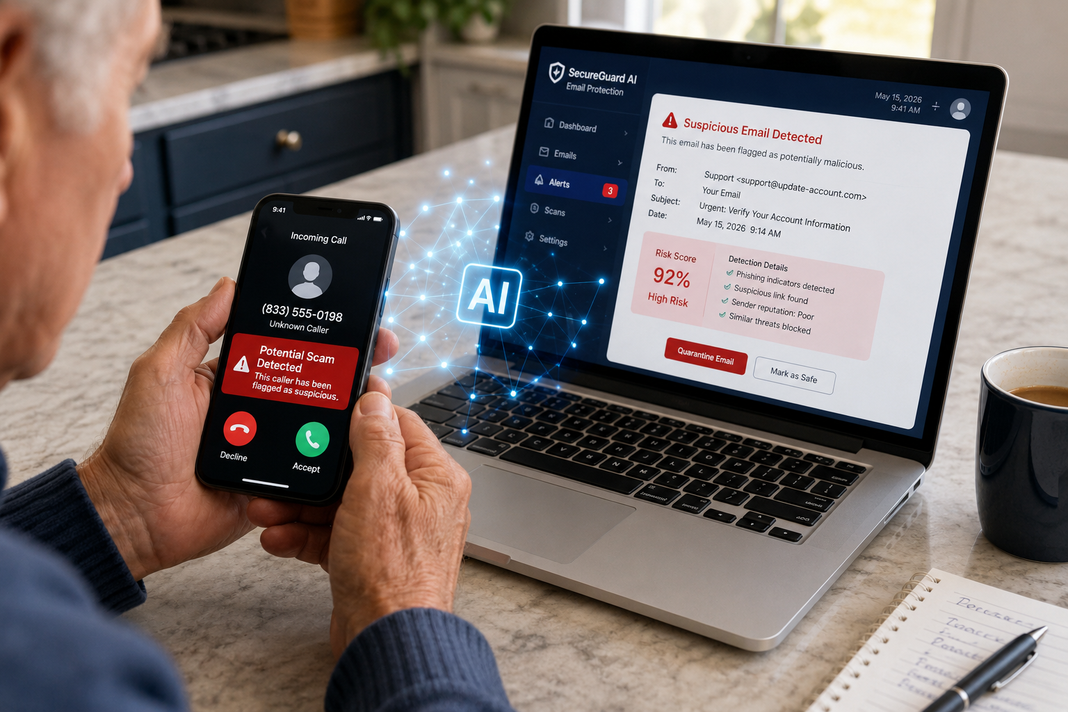 () editorial illustration showing a close-up overhead view of a senior's hands holding a smartphone with a scam call alert