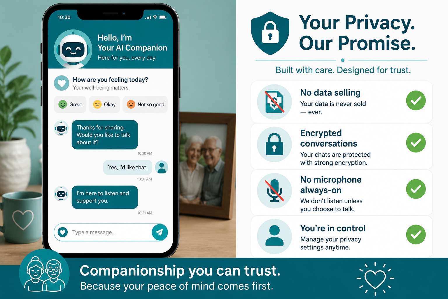 () editorial illustration showing a side-by-side comparison panel: left side displays a smartphone screen with a friendly AI