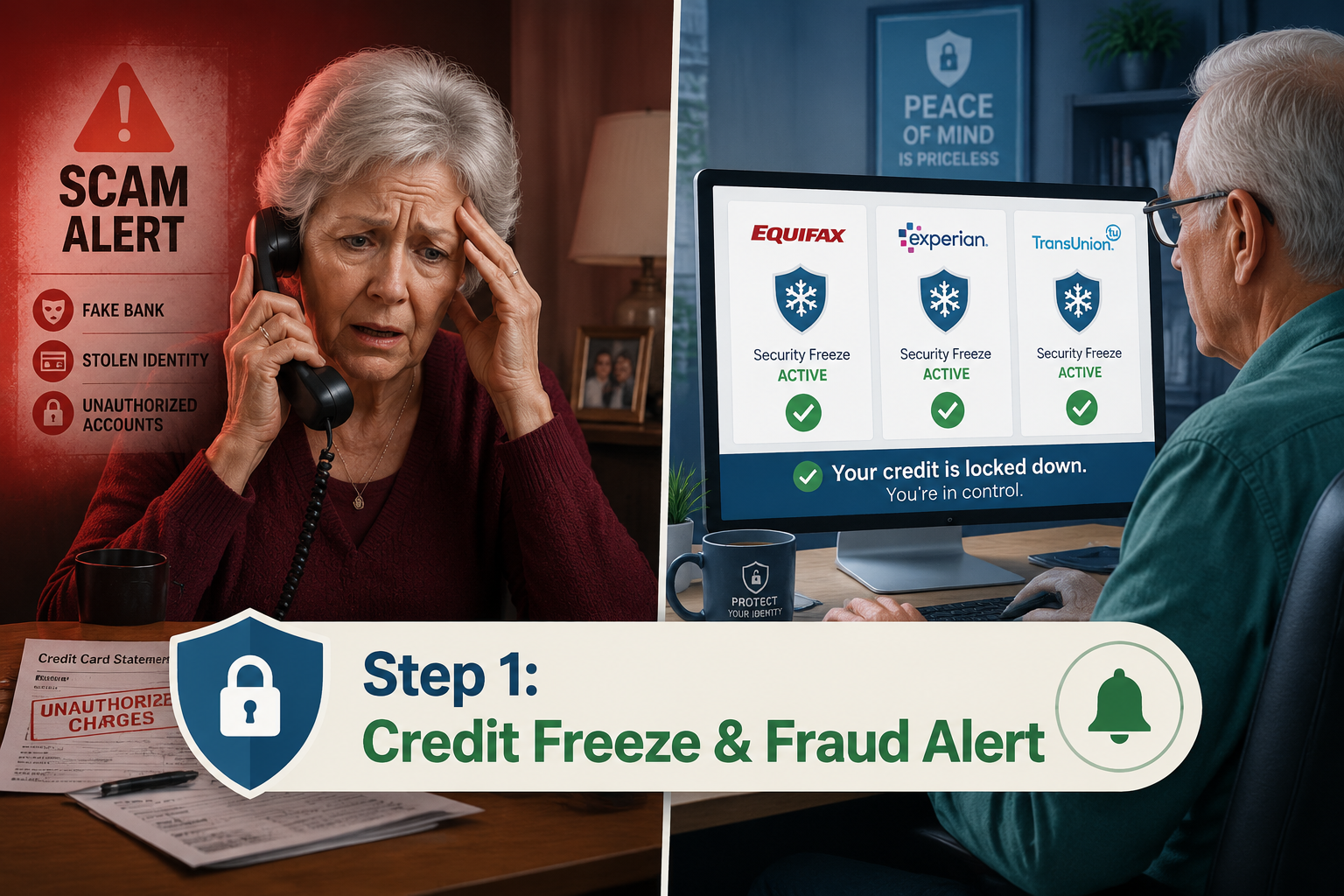 () editorial illustration showing a split-scene: left side depicts a worried older woman receiving a suspicious phone call,