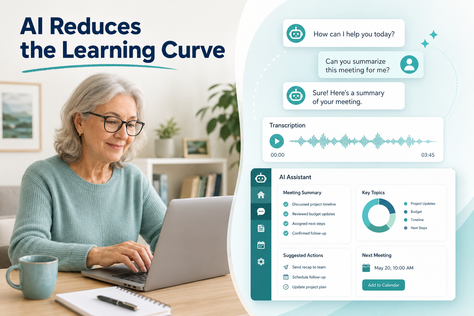 () editorial illustration showing a split-screen concept: left side displays an older adult woman in her 60s typing at a