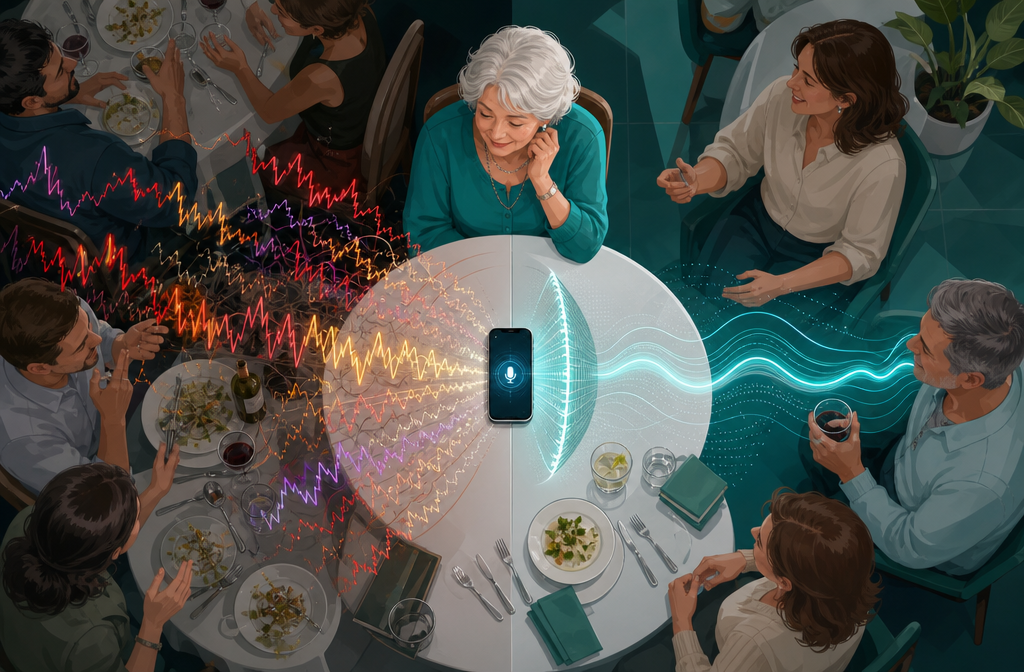 () split-scene illustration showing a senior woman at a noisy restaurant table with sound wave visualizations emanating from