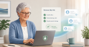An older adult calmly working through a "Remove My Info" checklist on a laptop, with a soft padlock icon — representing removing personal information from the internet.