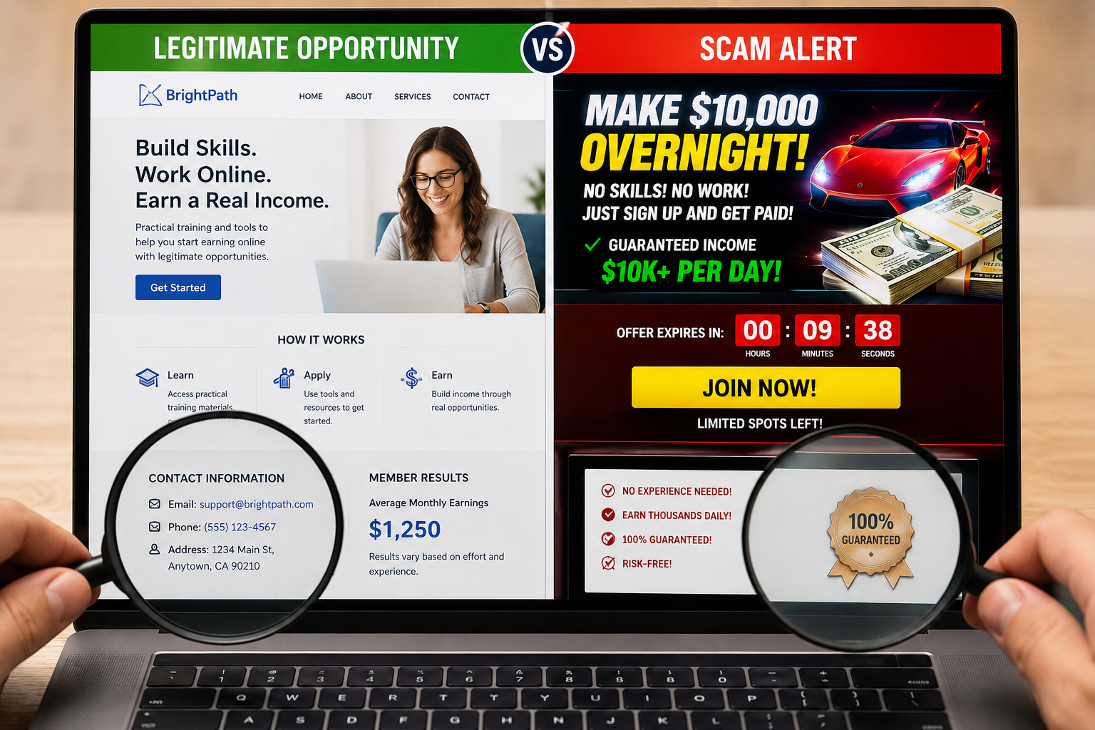 Split-screen comparison of a legitimate online income opportunity on the left versus a scam promising $10,000 overnight on the right