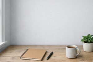 A worn wooden table beside a window in a plain room, with a closed notebook, a pen, a mug of tea and a small potted plant.