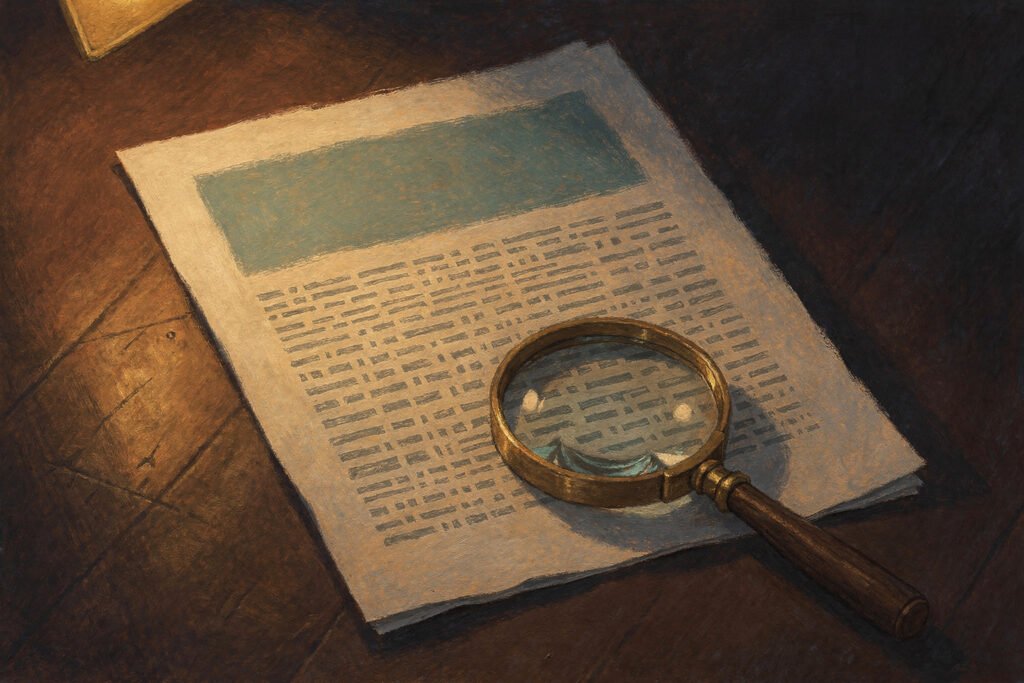 A magnifying glass resting on a printed page under warm desk lamp light, with a bold block of colour across the top of the page and dense small print filling the rest