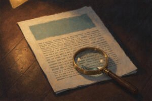 A magnifying glass resting on a printed page under warm desk lamp light, with a bold block of colour across the top of the page and dense small print filling the rest