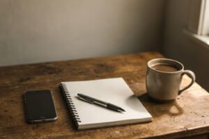 A silent mobile phone lying on a worn wooden desk beside a blank spiral notepad, a pen and a mug of coffee, in soft late afternoon window light.