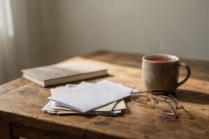 A stack of unopened envelopes on a worn wooden kitchen table, beside folded reading glasses and a mug of tea, lit by soft daylight from a window.