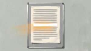 A painted noticeboard on a pale wall holding a printed list, its lines reduced to soft grey bars, with one line left blank and lit by a narrow shaft of warm amber light.
